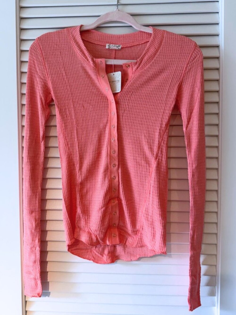 Free People Coral Pink Soft Waffle Knit Henley Long Sleeve Button Top Shirt